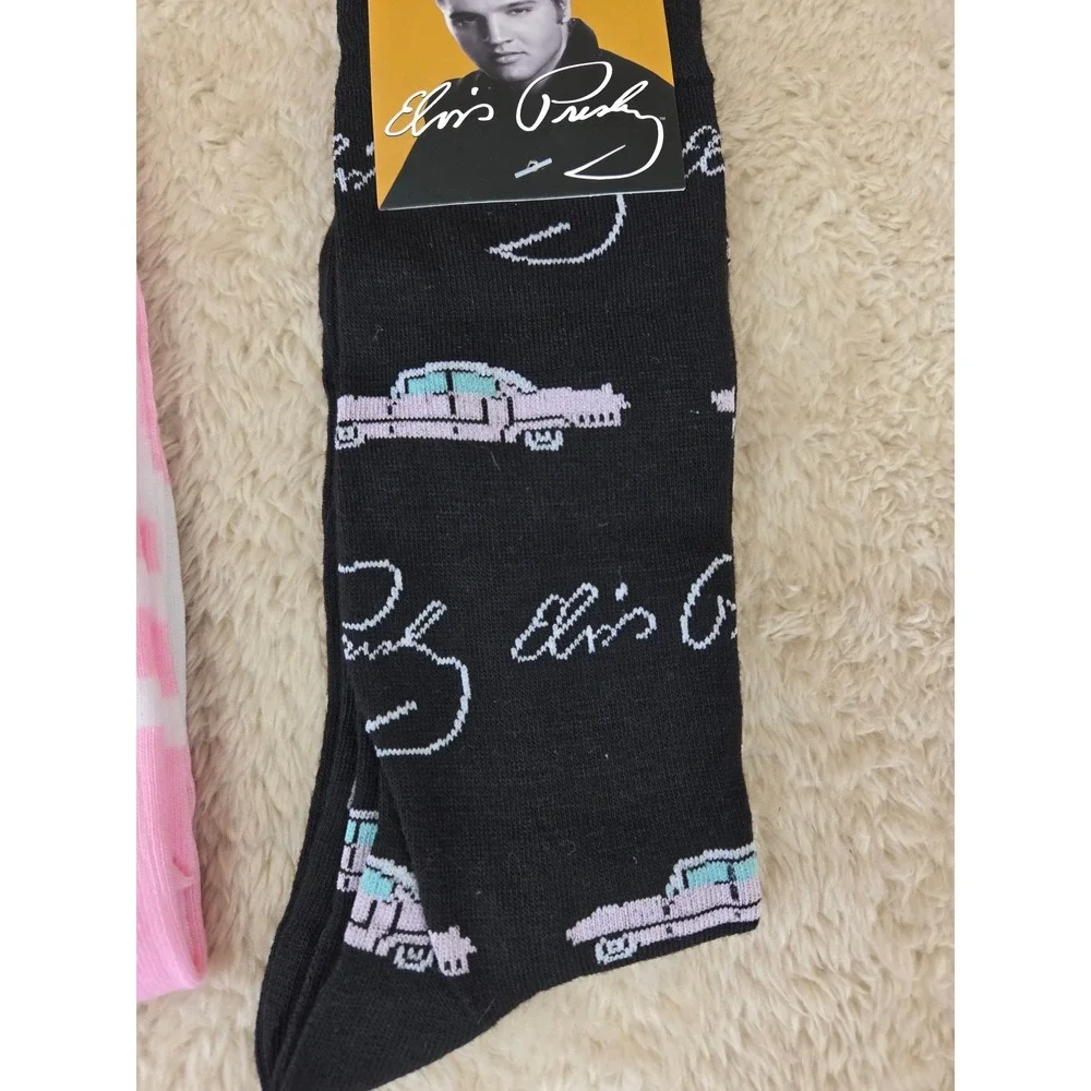 Elvis Presley Crew Socks 3 Pack Blue Pink Black Cadillac Signature Mens 7-12 NEW